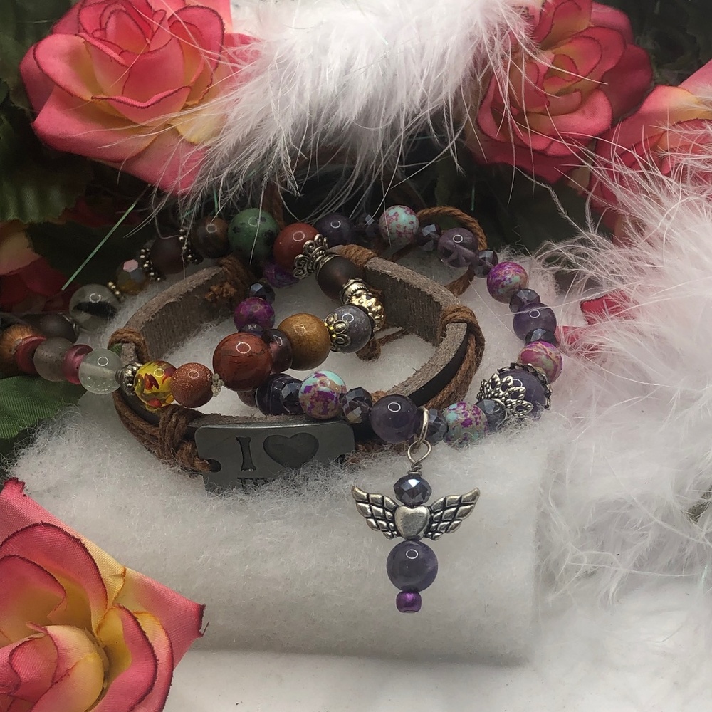 1.  Original Bracelet Gem Stones and Leather ,Purple and Gold Beads